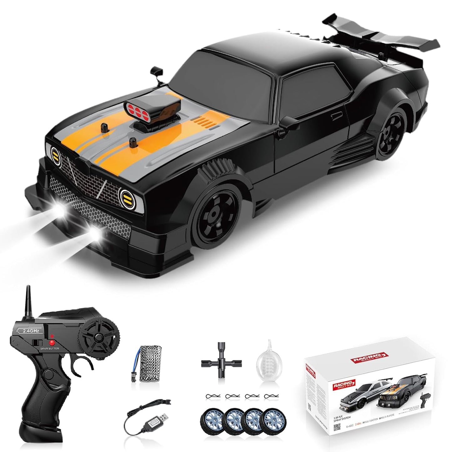 RC Drift Car 1:16 Scale 2.4GHz 4WD Remote Control Car with Spray (Black-Orange) - Toylivo
