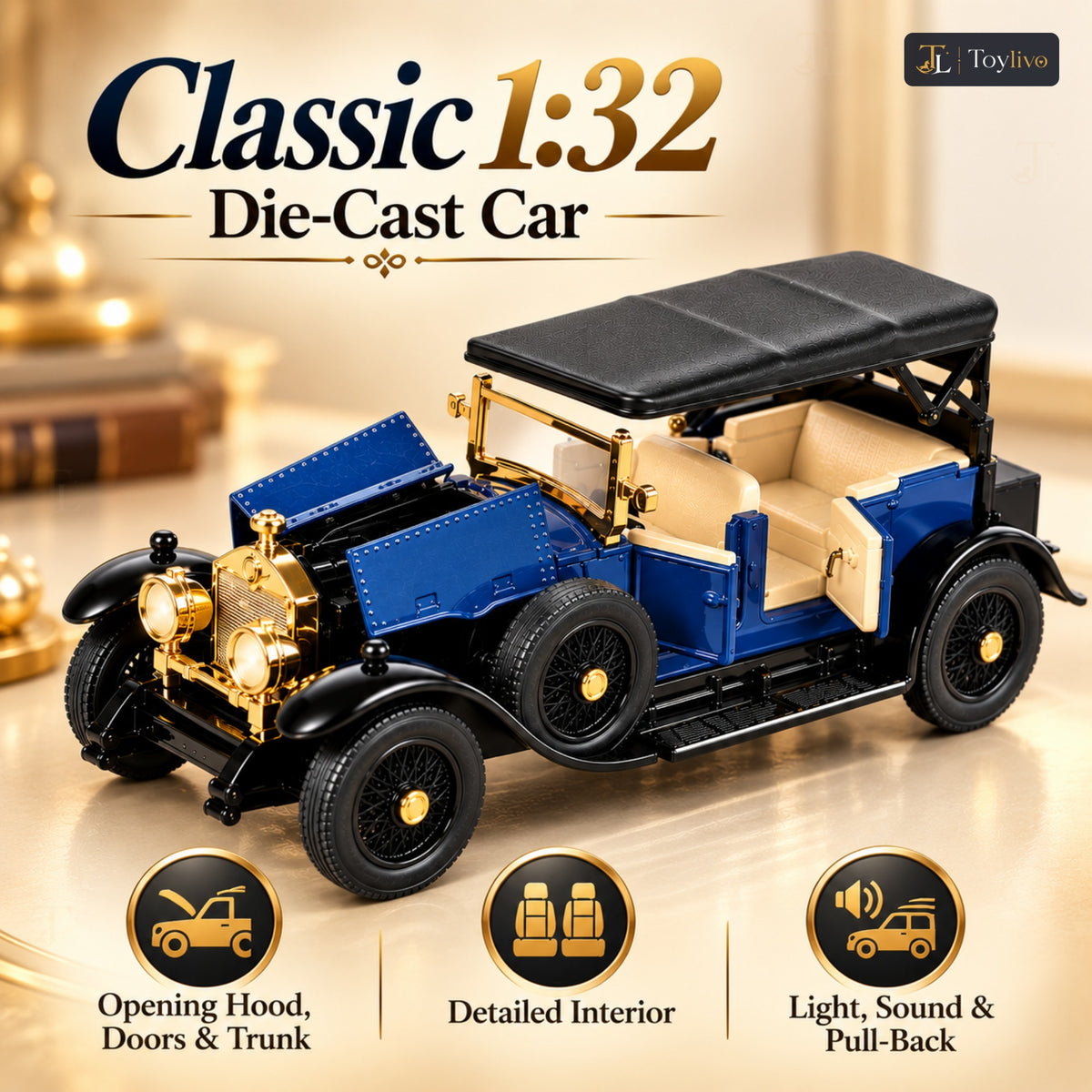 1:32 die-cast vintage open-tourer model – blue – Benefits