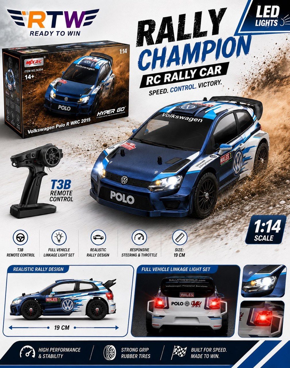 1:14 RC Rally Champion Car with LED Lights
