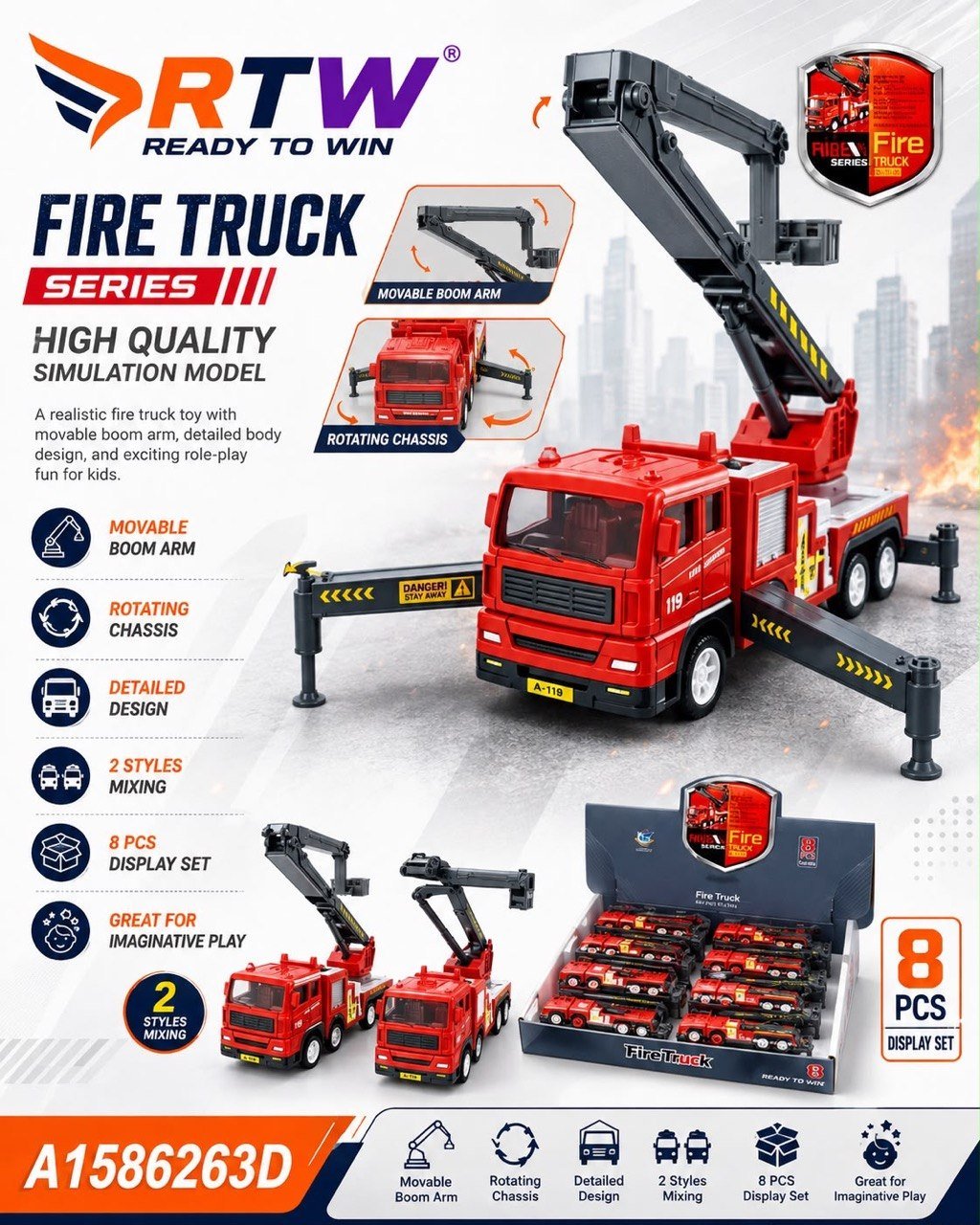 Fire Truck Toy with Movable Boom Arm