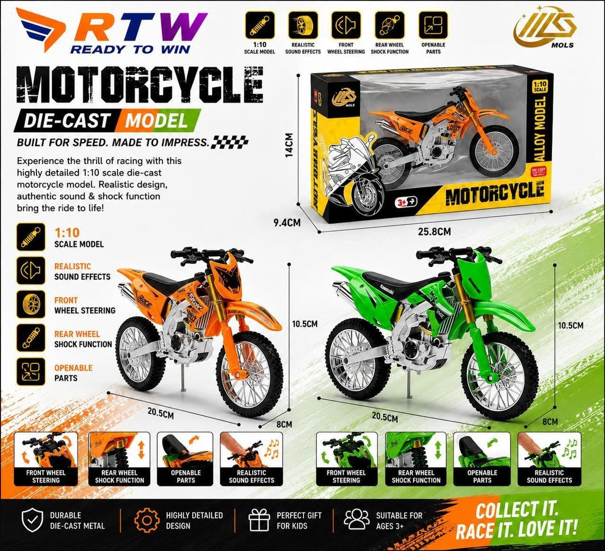 1:10 Die-Cast Dirt Bike Motorcycle Model