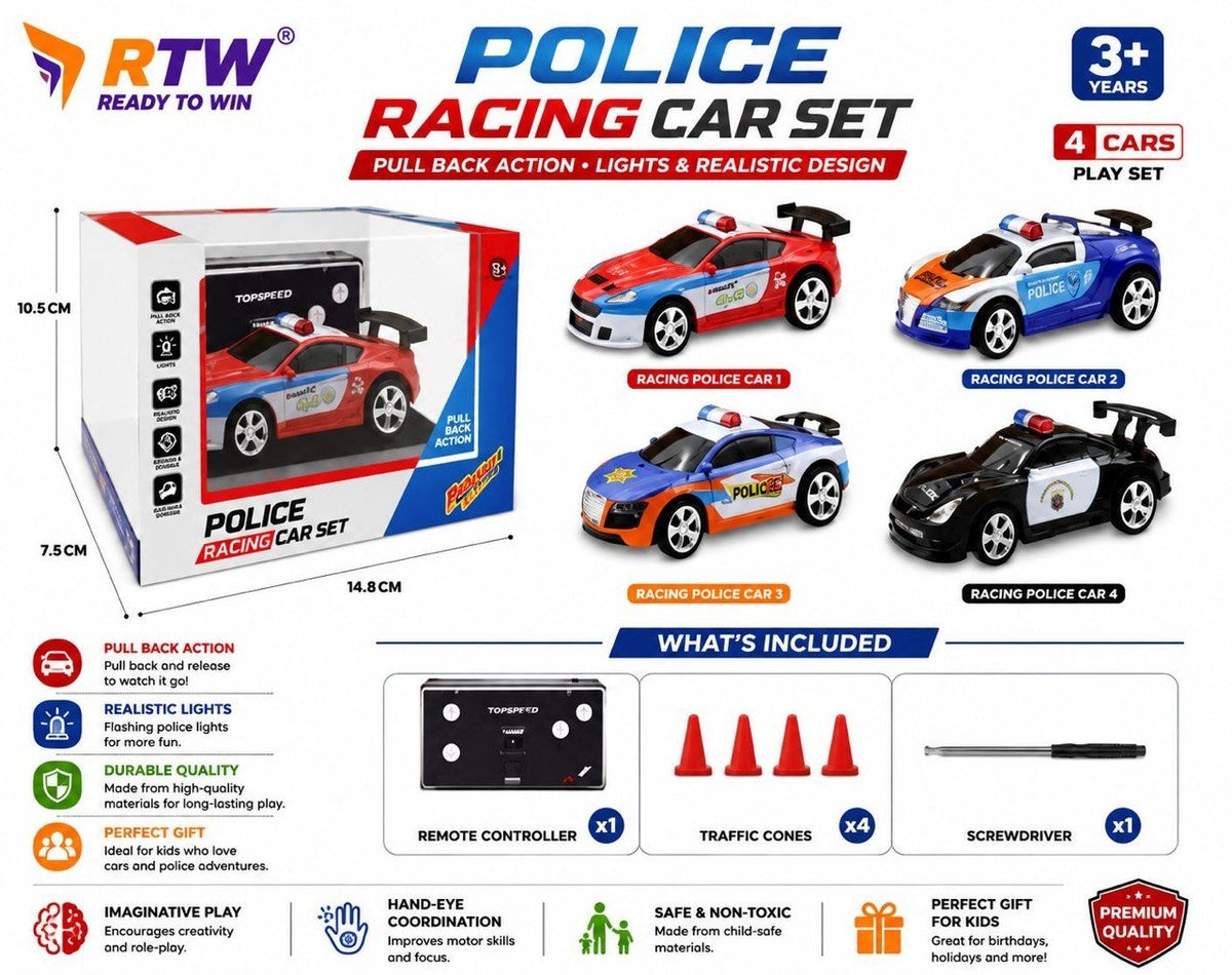 Police Racing Car Set (4 Cars) with Pull Back