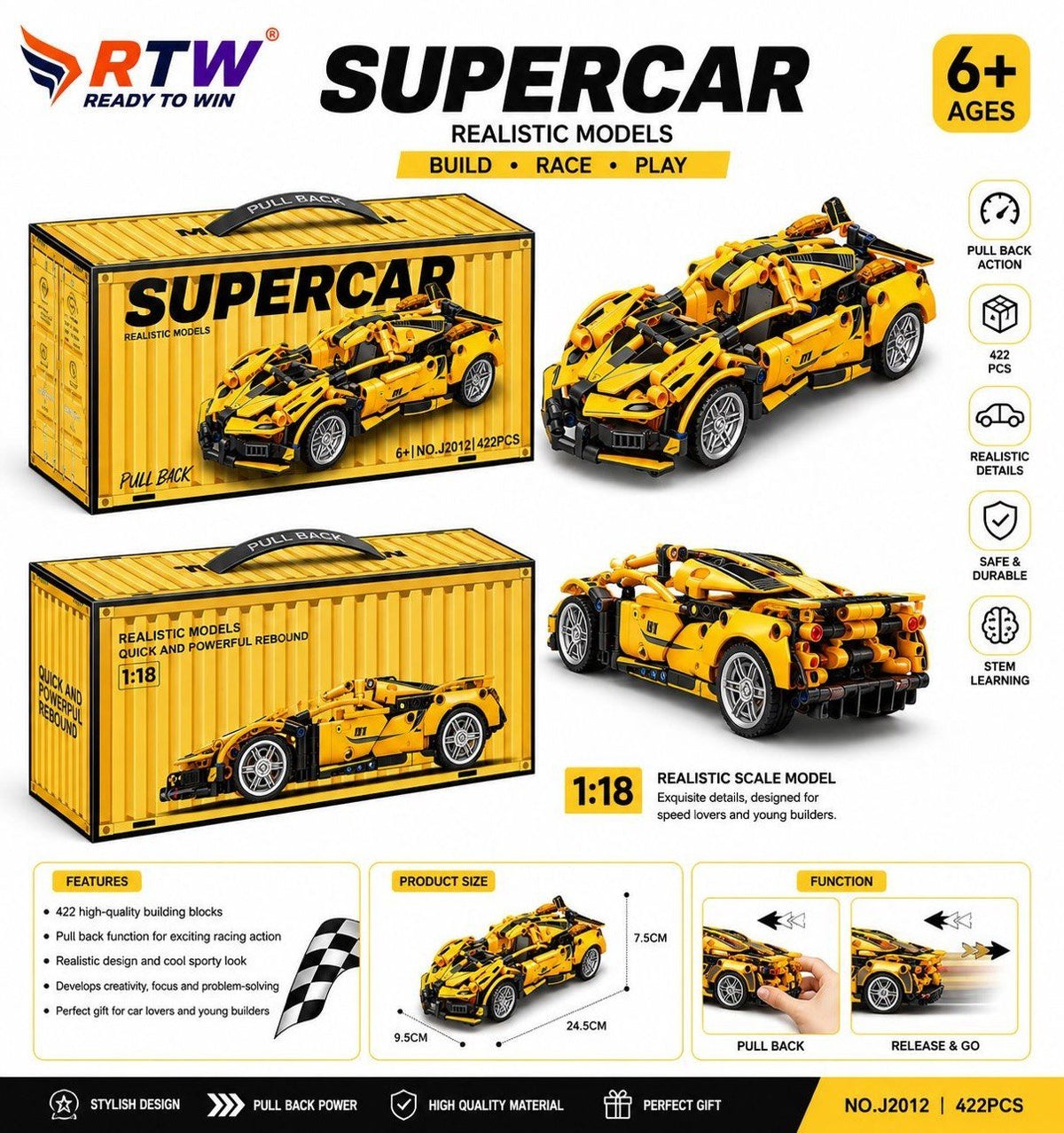 1:18 Yellow Supercar Building Block Set