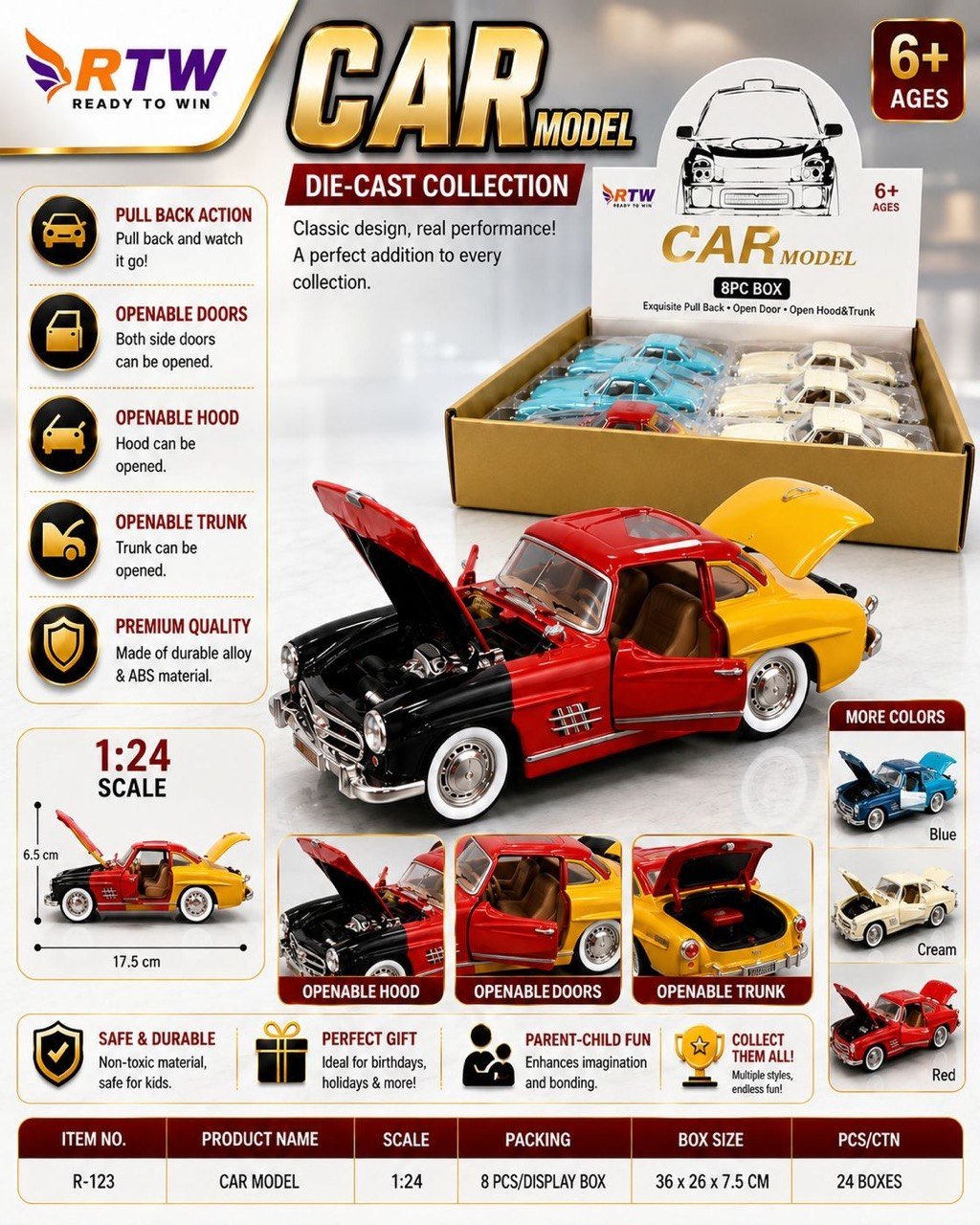 1:24 Die-Cast Classic Car Model with Opening Hood & Doors