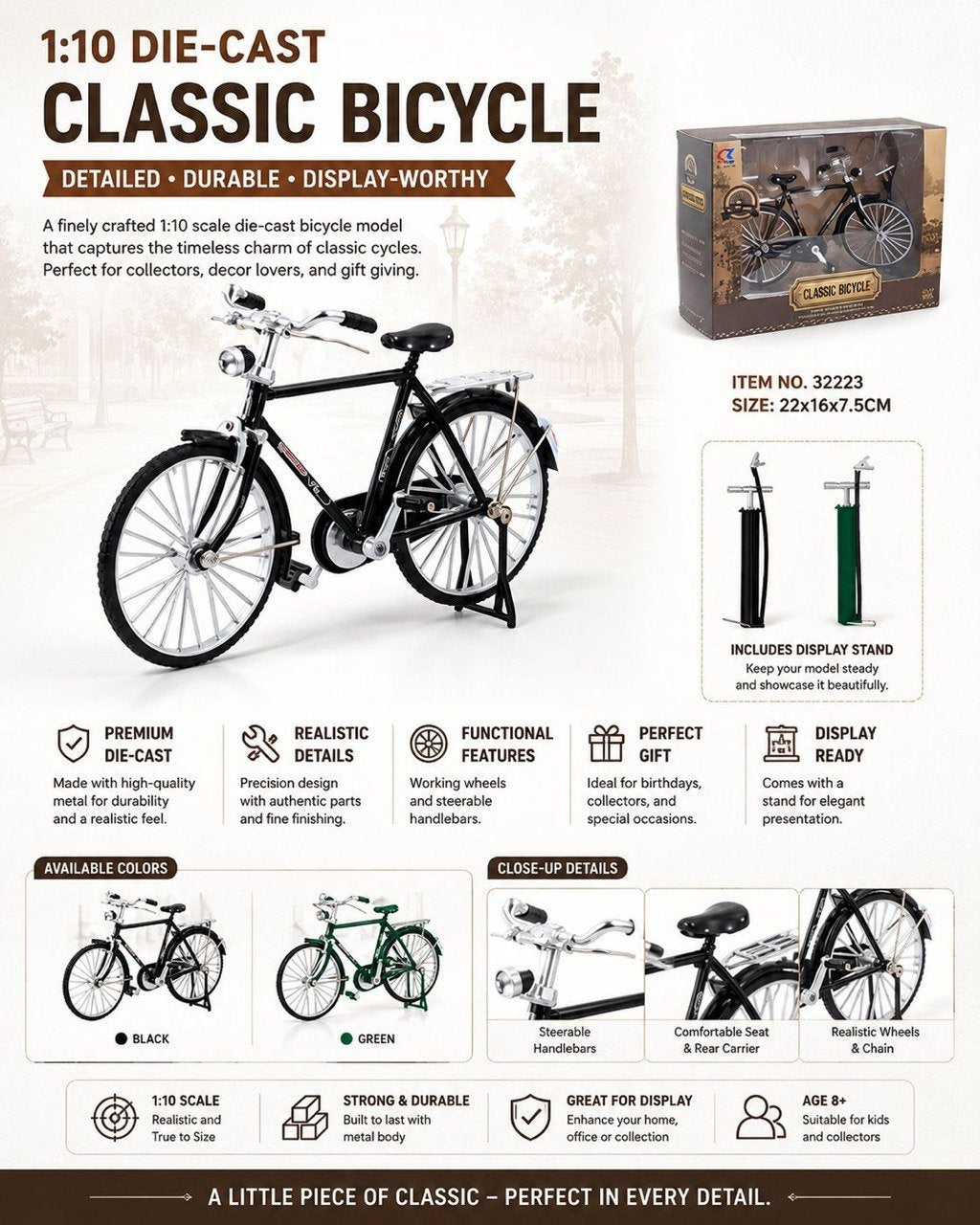 1:10 Die-Cast Classic Bicycle Model with Display Stand