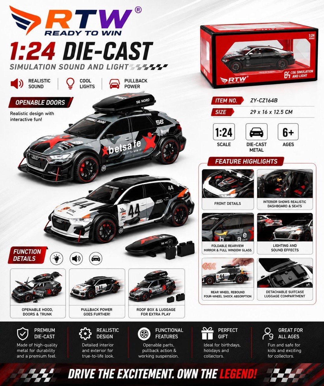 1:24 Die-Cast Audi RS Racing Car with Light & Sound