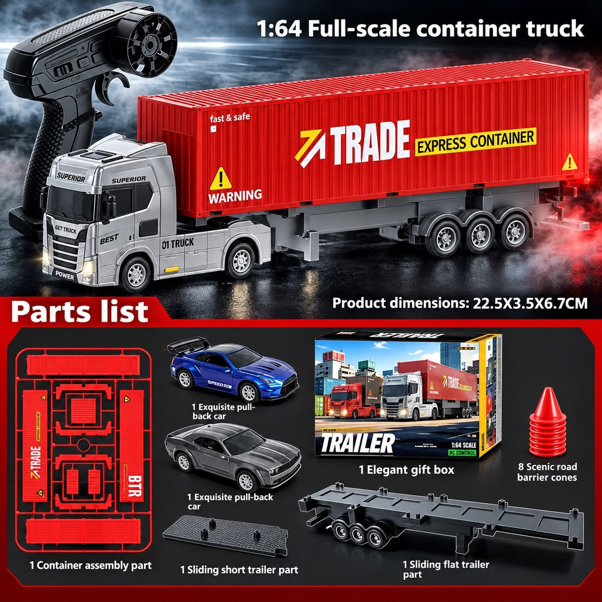 1:64 RC Container Truck with Trailer