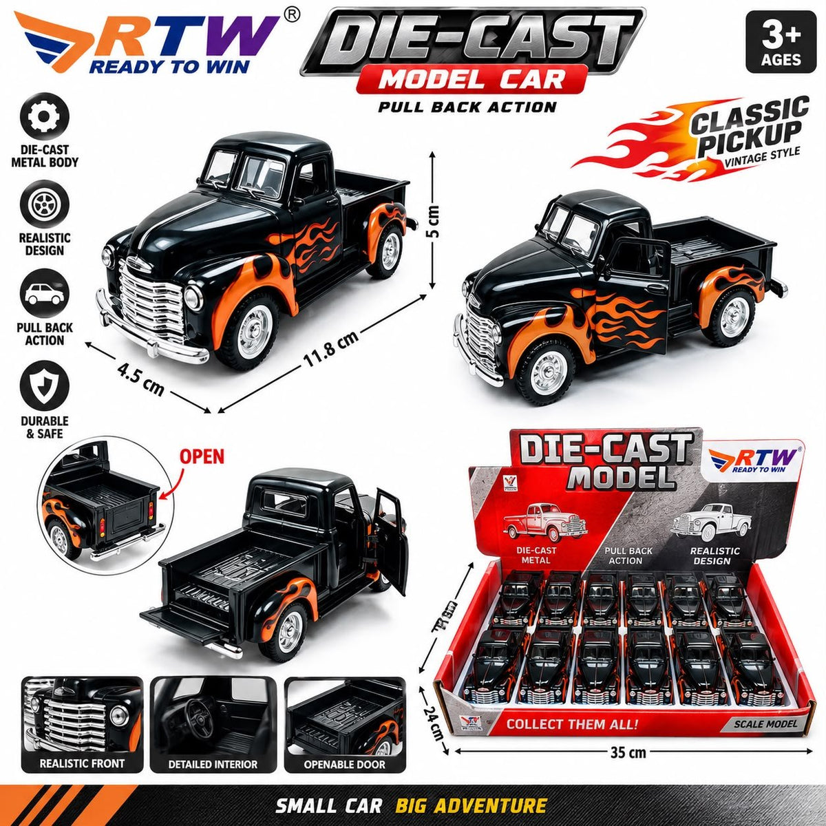 Die-Cast Classic Pickup Truck with Flame Design