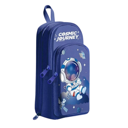 Canvas Space Astronaut Pencil Case 6 Layer with 3 Compar (Cosmic Journey - Blue) - Toylivo