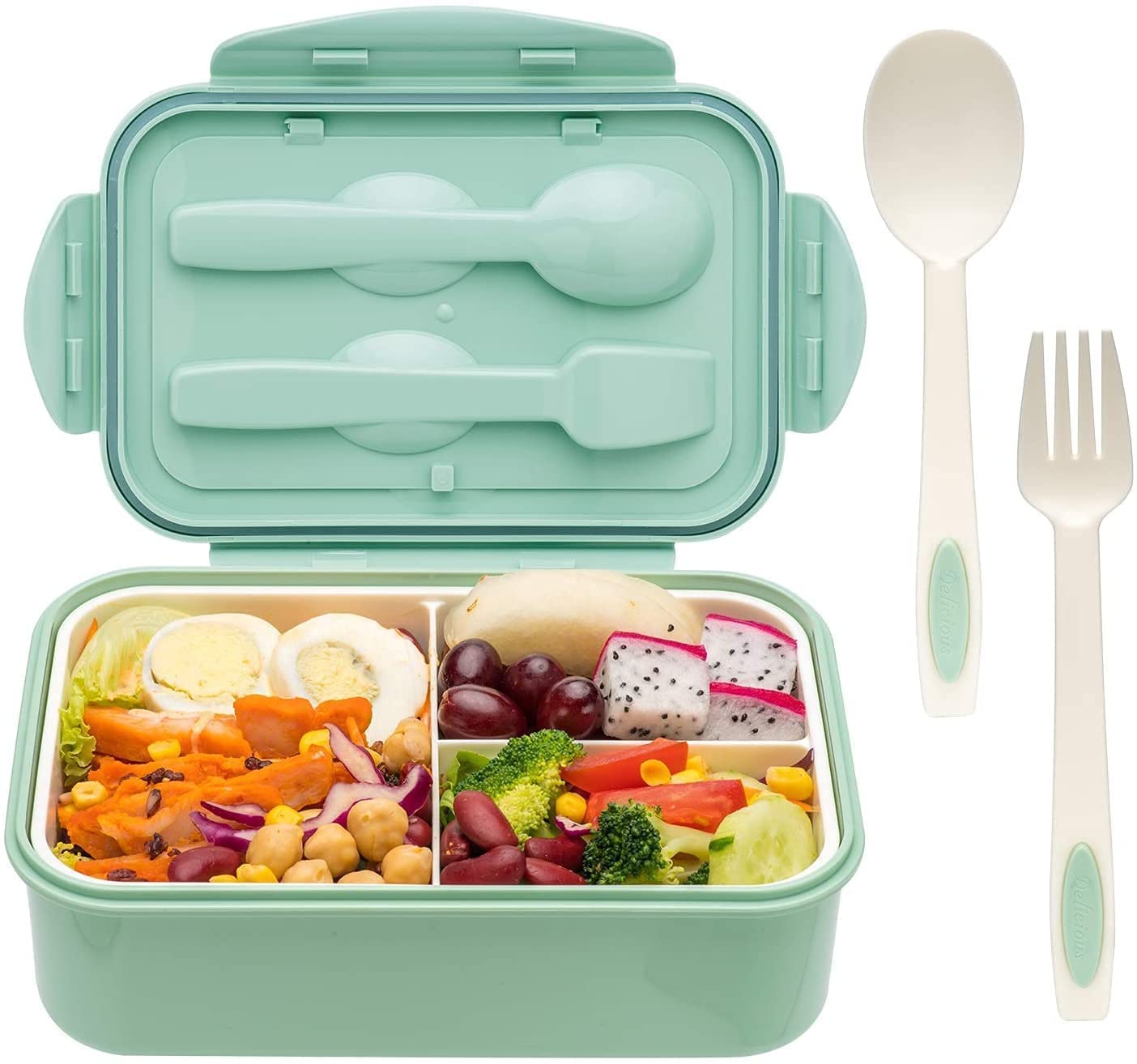 1100ML Plastic Lunch Box with 3 Compartments & Spoon (Multicolour) - Toylivo
