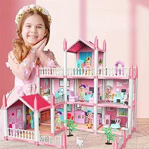 Girls Doll House Toy - 3-Story 9 Rooms Playhouse with Lights, 2 Doll Figures - Toylivo