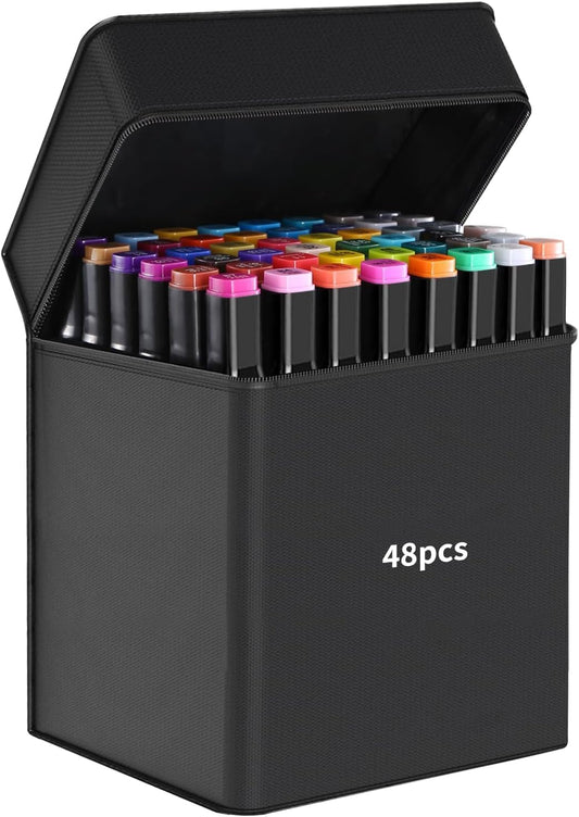 48 Color Alcohol Markers Set Dual Tip Brush & Chisel Sketch Pens - Toylivo