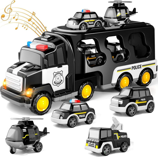 5-in-1 Police Truck Toy Set for Kids | Friction Powered Transport Carrier with L - Toylivo