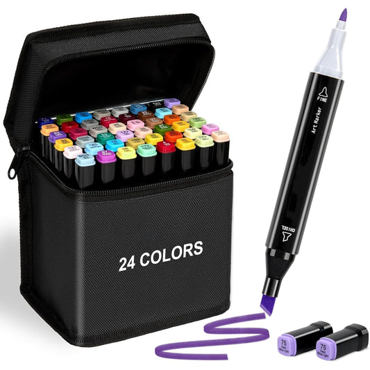24 Dual Tip Colorful Art Markers Sketch Pens Set with Carrying Case - Toylivo