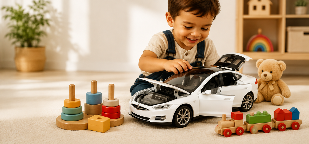 Child playing with a white toy car with opening doors, a wooden toy train and stacking rings
