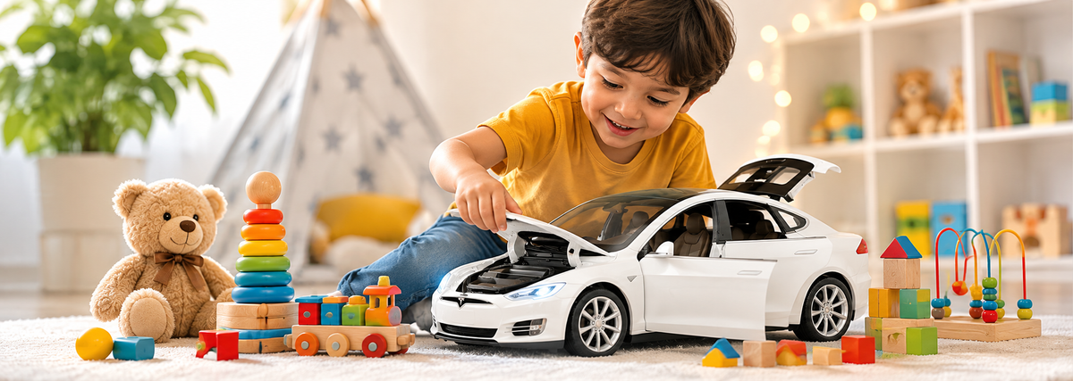 Smiling boy playing with a white toy car, wooden blocks and a teddy bear in a kids' playroom