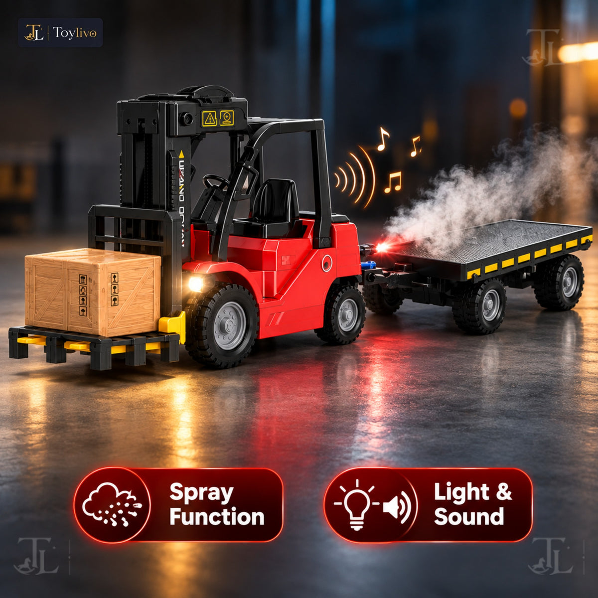 1:24 RC Flatbed Forklift Truck with Trailer, Light, Sound & Spray (11CH)