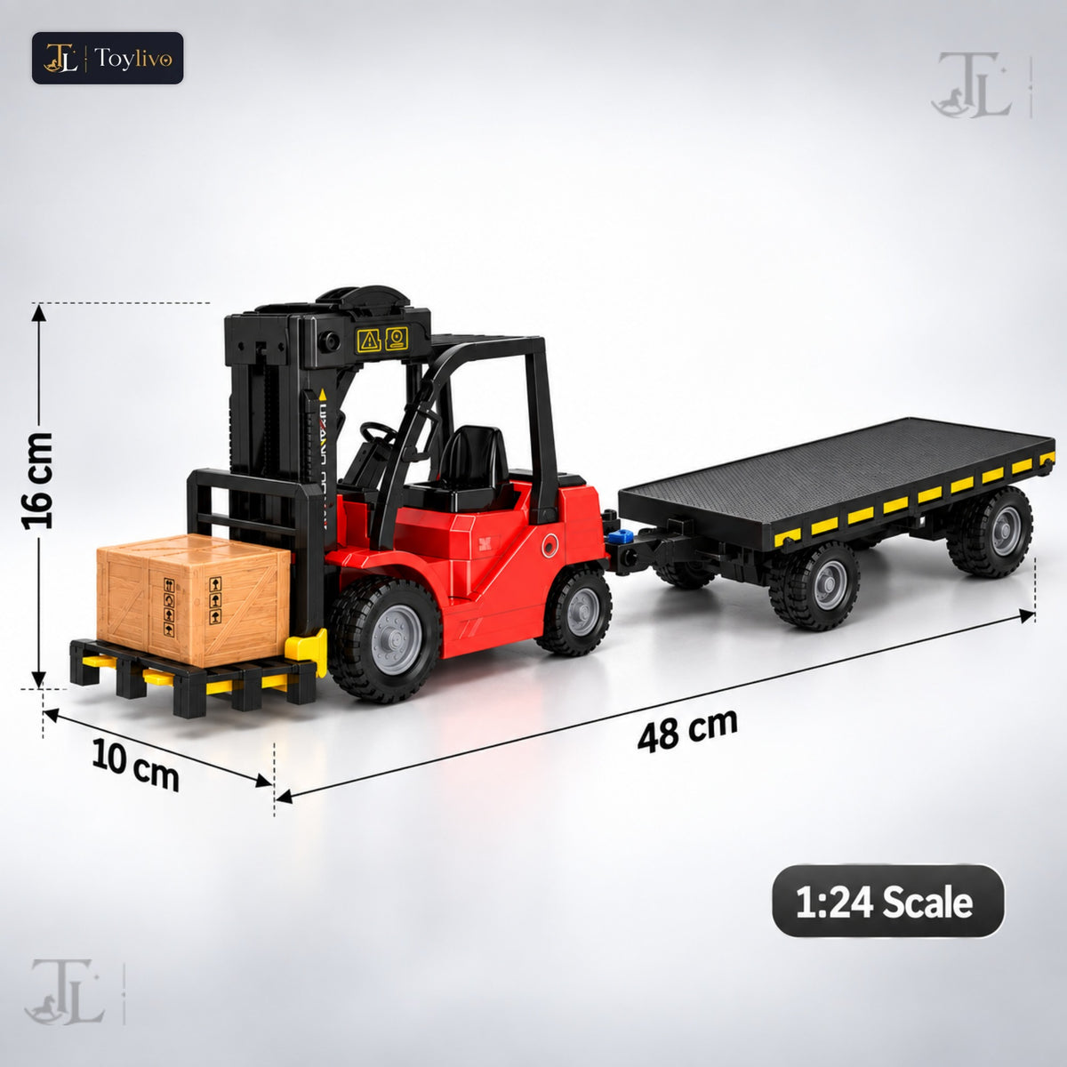 1:24 RC Flatbed Forklift Truck with Trailer, Light, Sound & Spray (11CH)