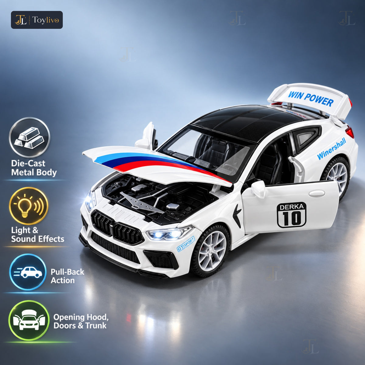 1:32 die-cast GT coupé model – features