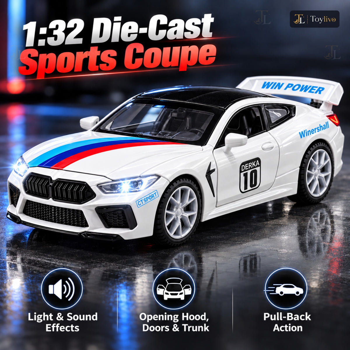 1:32 die-cast GT coupé model – features