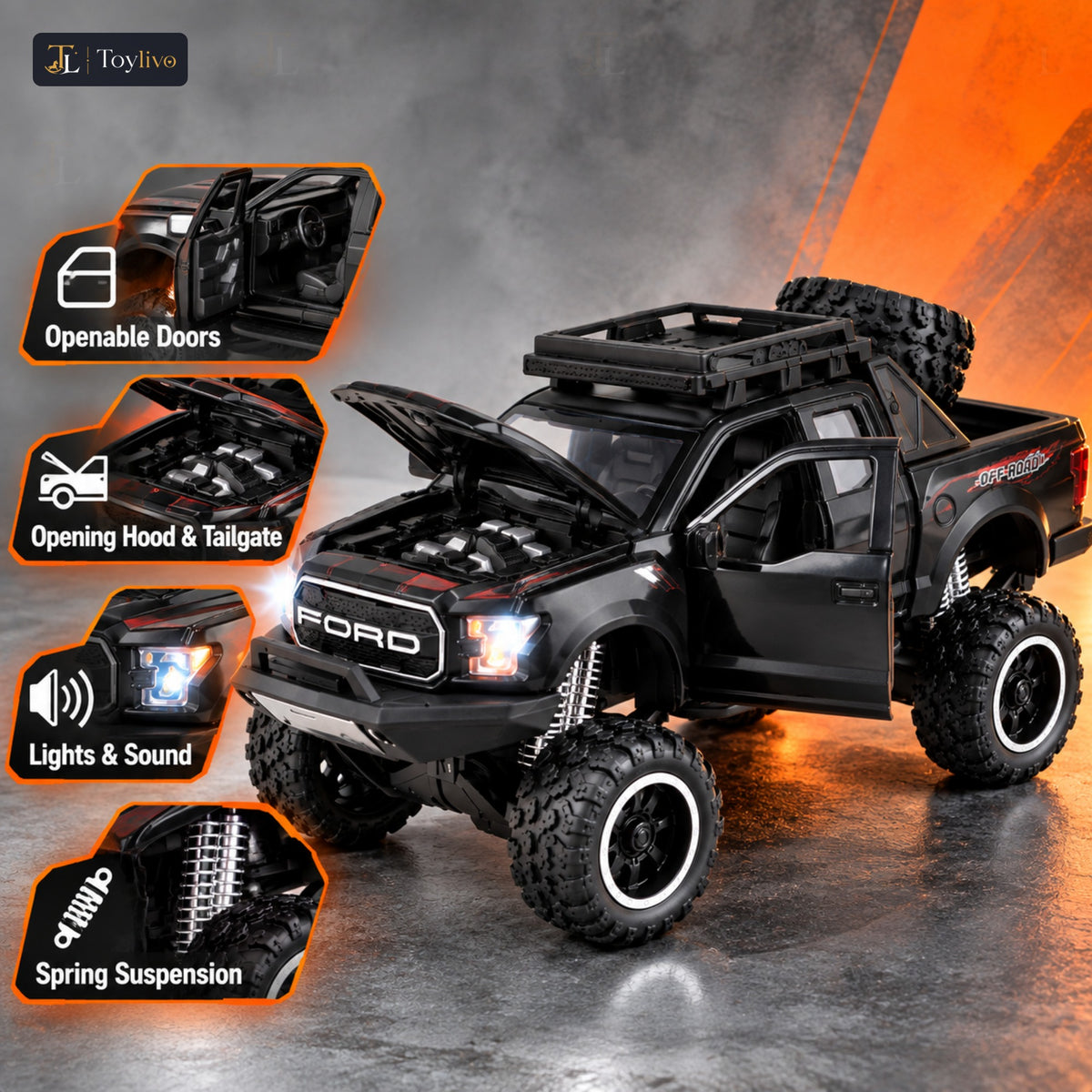 lifted off-road pickup toy truck – black – Key features