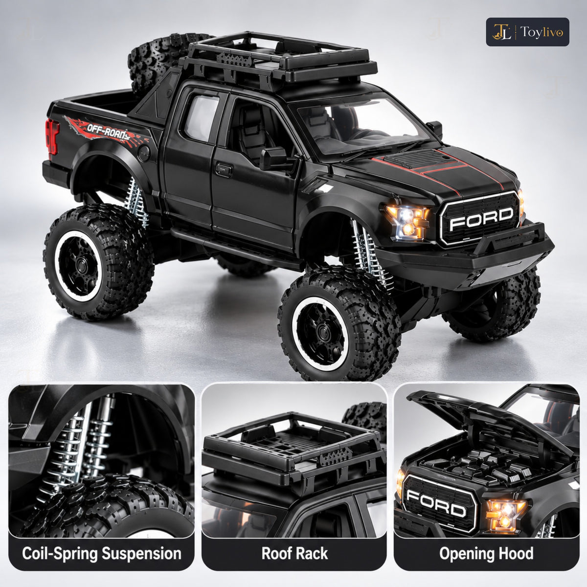 lifted off-road pickup toy truck – black – Details and close-ups