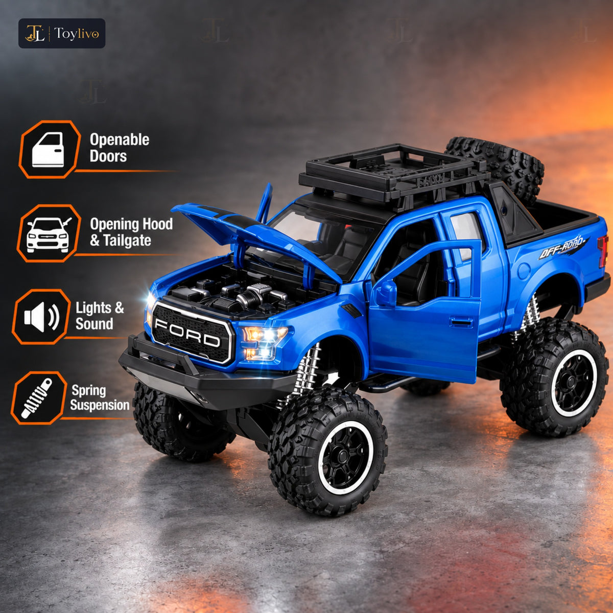 lifted off-road pickup toy truck – blue – Key features