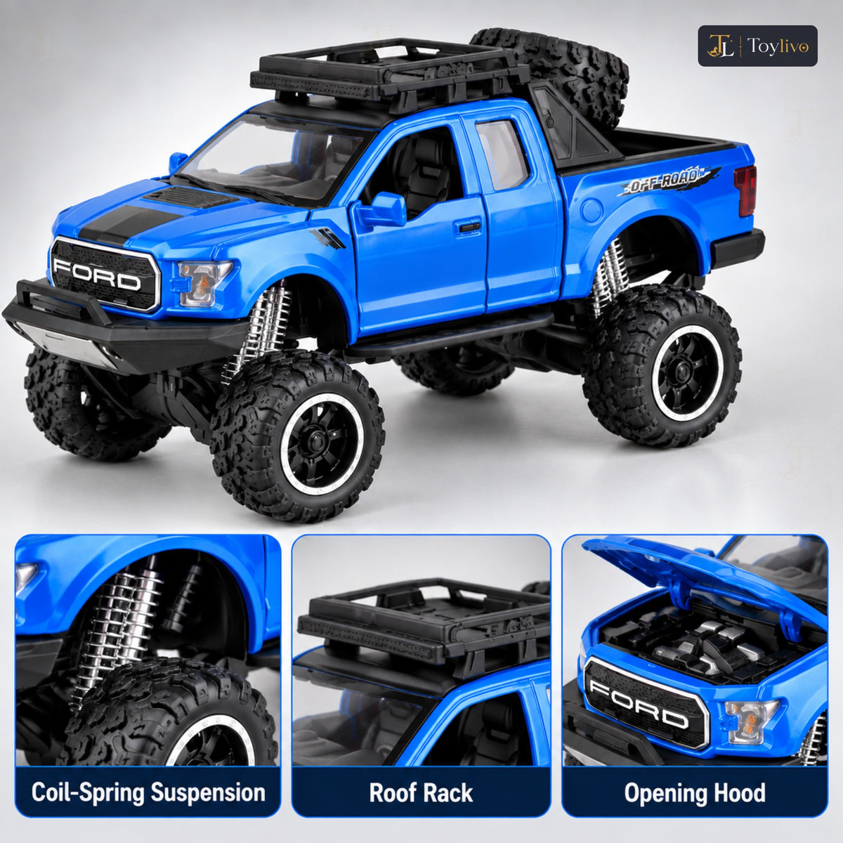 lifted off-road pickup toy truck – blue – Details and close-ups