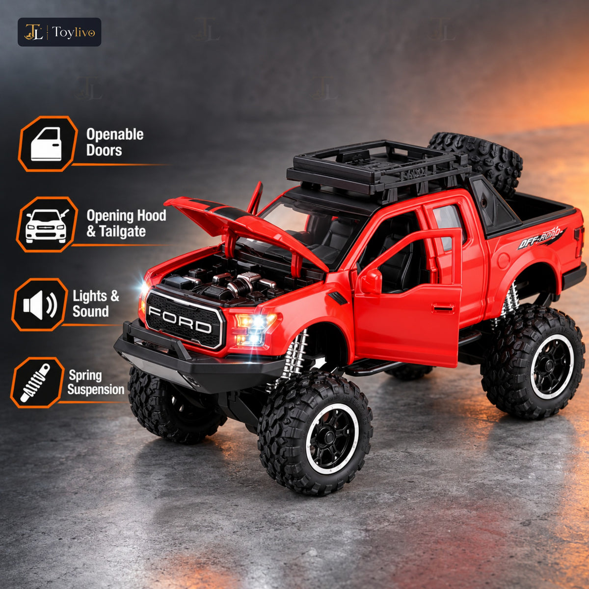 lifted off-road pickup toy truck – red – Key features