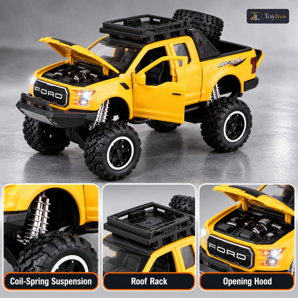 lifted off-road pickup toy truck – yellow – Details and close-ups