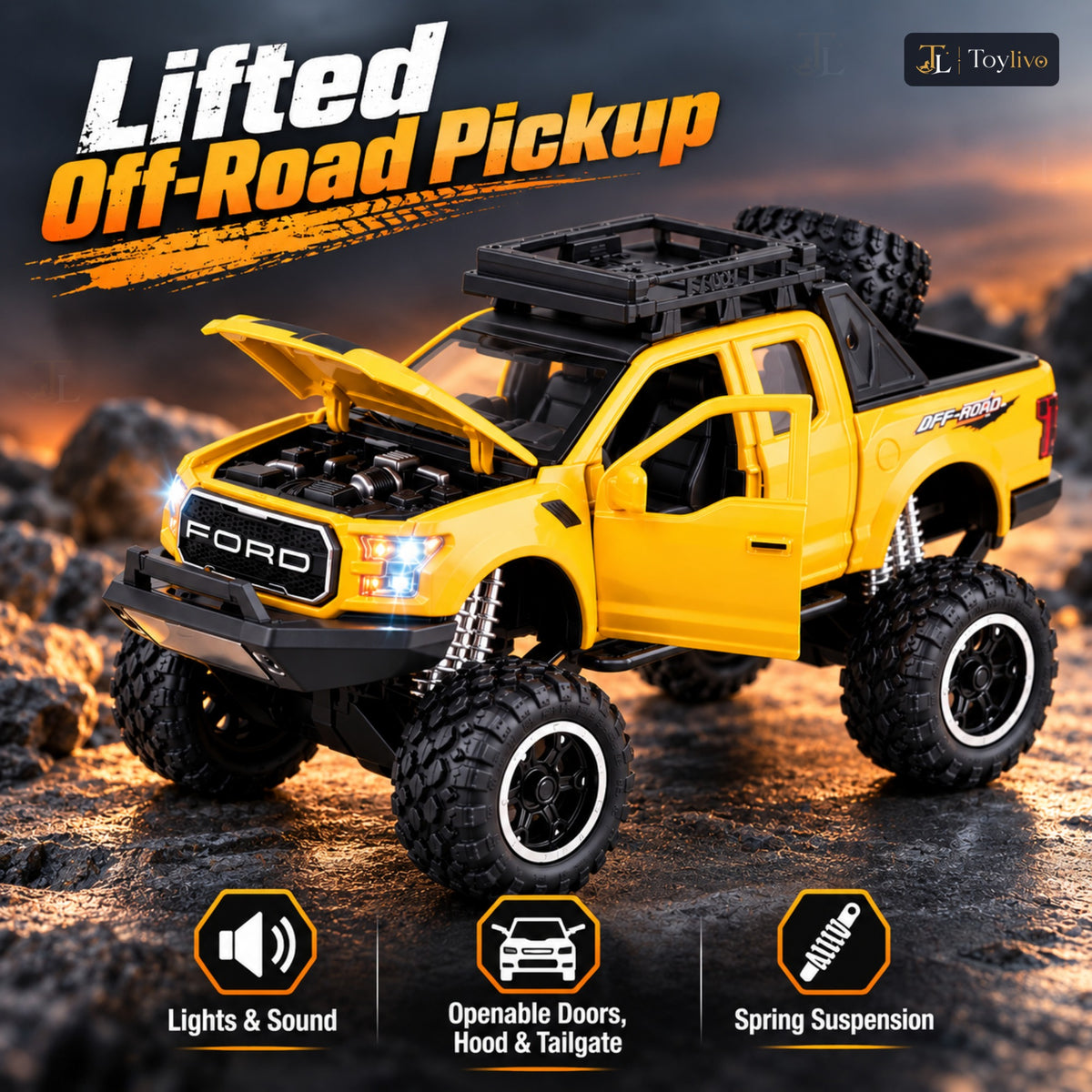 lifted off-road pickup toy truck – yellow – Benefits