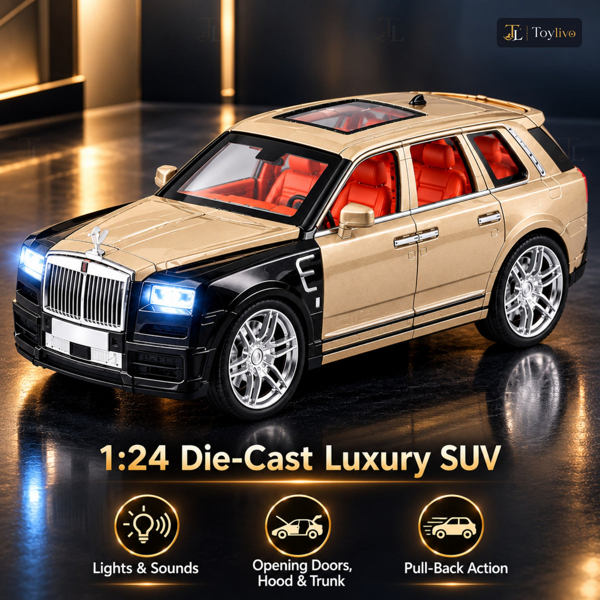 1:24 die-cast luxury SUV model – champagne black – Benefits