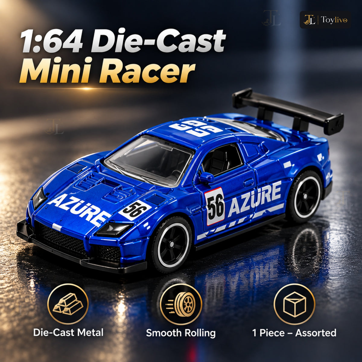 1:64 die-cast mini racing car (1 piece, assorted design) – features
