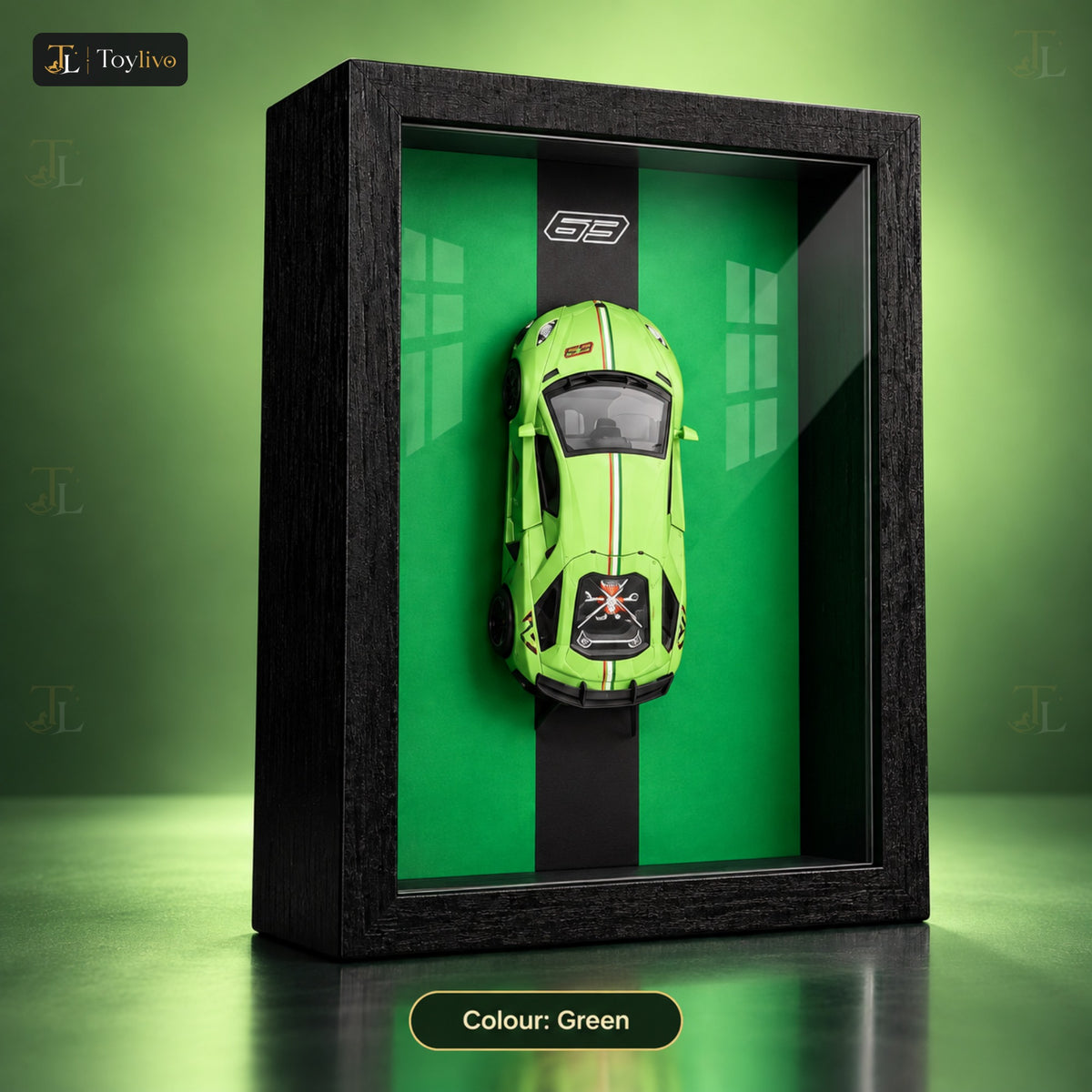 1:32 die-cast model car with display frame – green