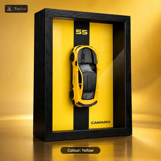 1:32 die-cast model car with display frame – yellow