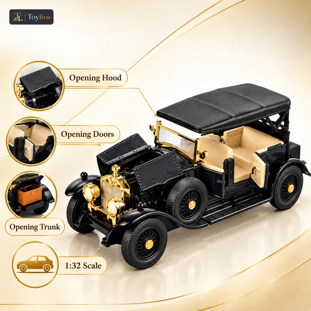 1:32 die-cast vintage open-tourer model – black – Key features