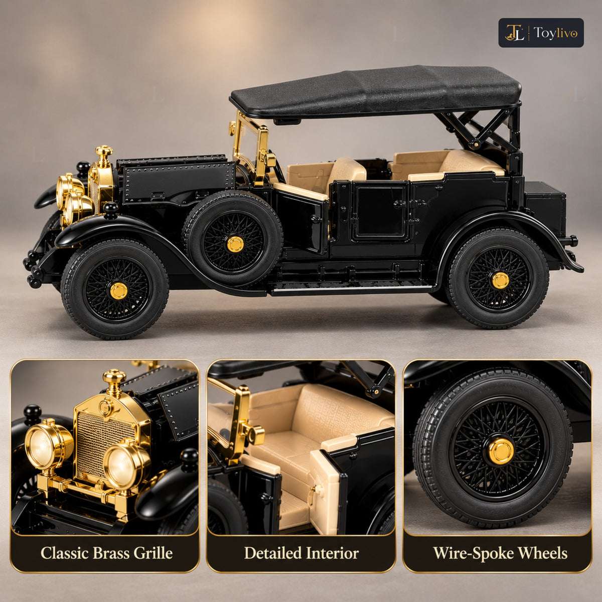 1:32 die-cast vintage open-tourer model – black – Details and close-ups