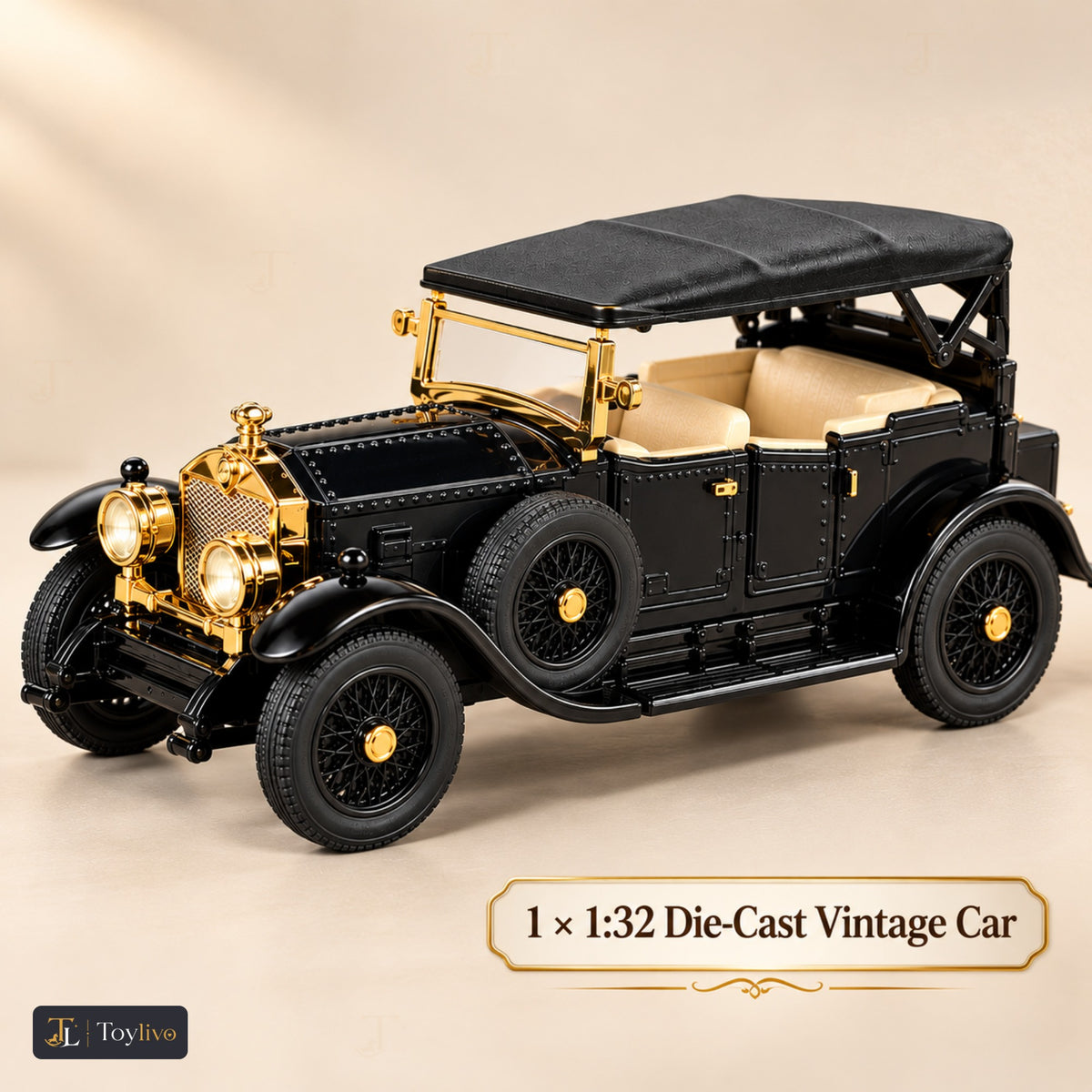 1:32 die-cast vintage open-tourer model – black – Size / what is included