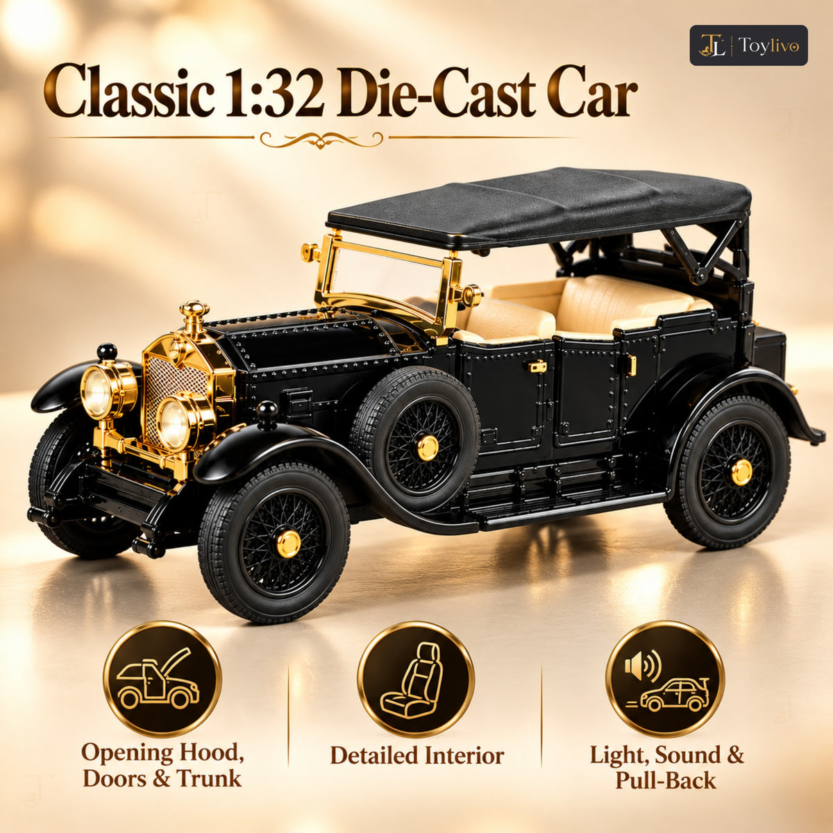 1:32 die-cast vintage open-tourer model – black – Benefits