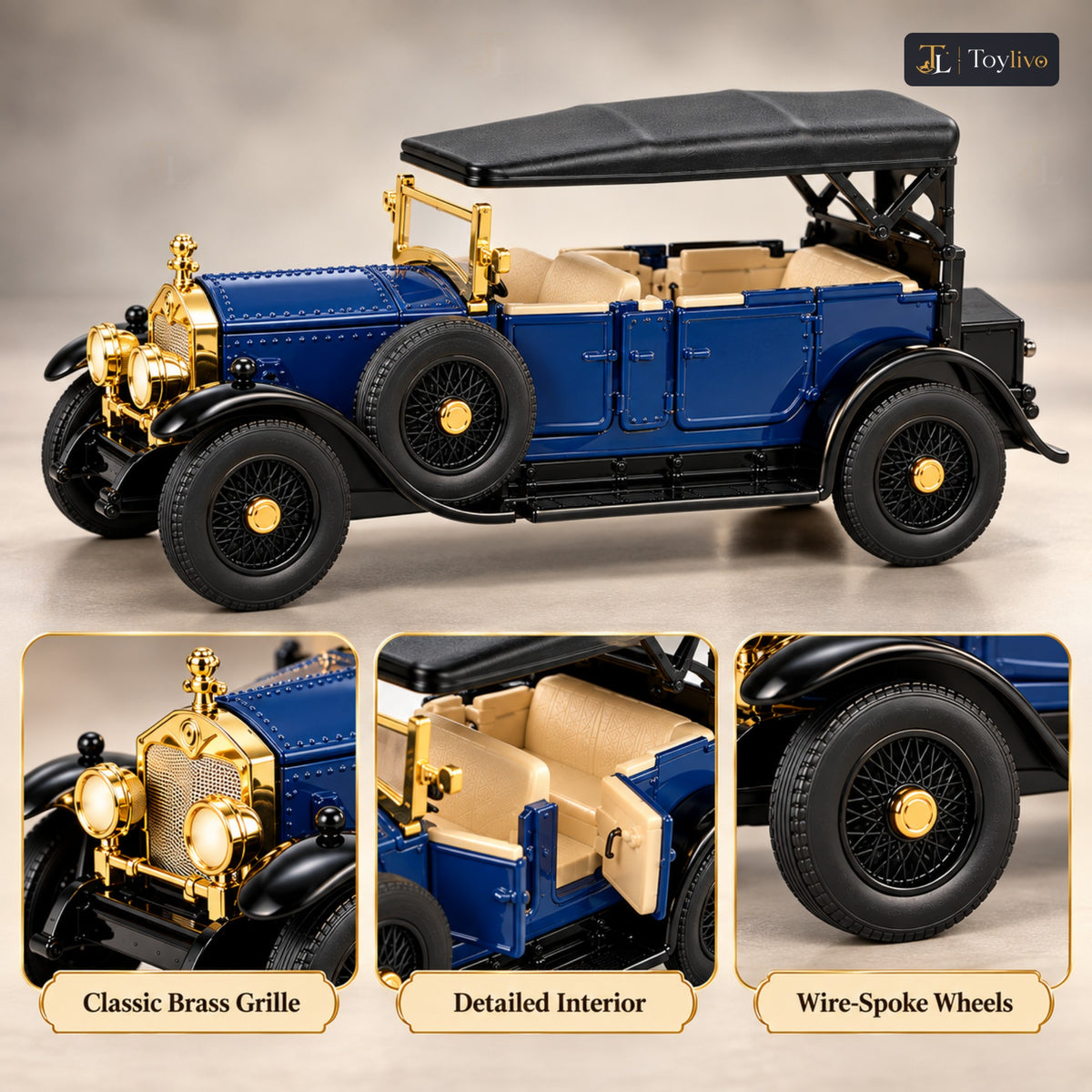 1:32 die-cast vintage open-tourer model – blue – Details and close-ups