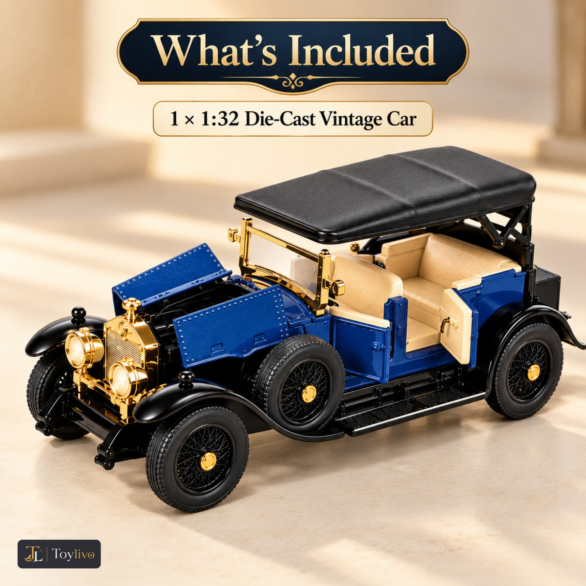 1:32 die-cast vintage open-tourer model – blue – Size / what is included