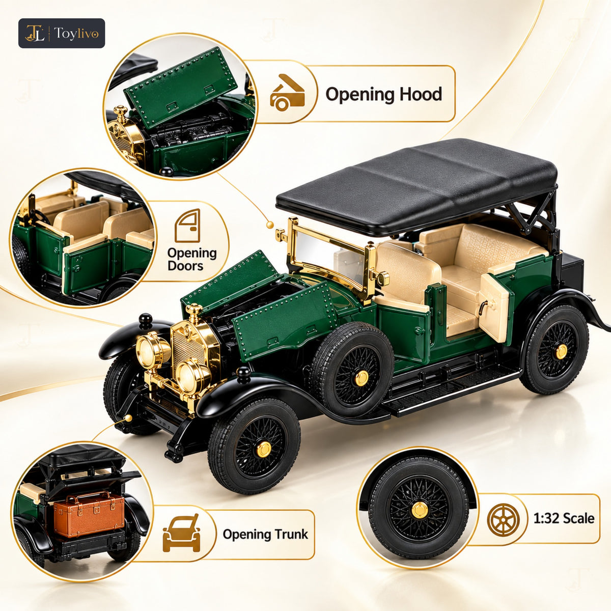 1:32 die-cast vintage open-tourer model – green – Key features