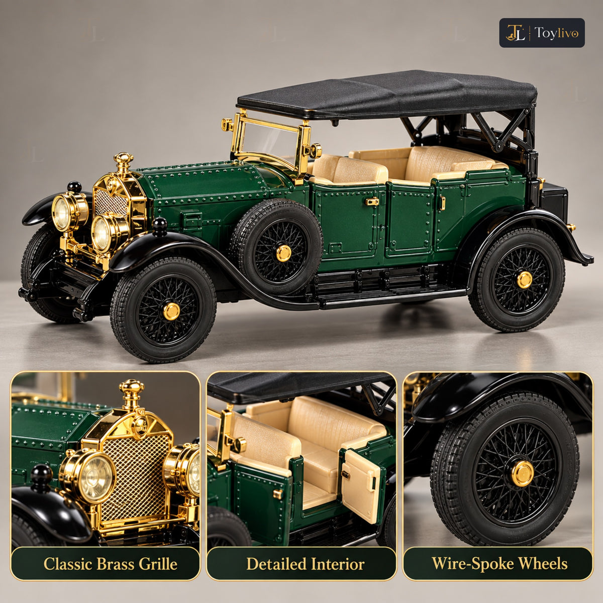 1:32 die-cast vintage open-tourer model – green – Details and close-ups