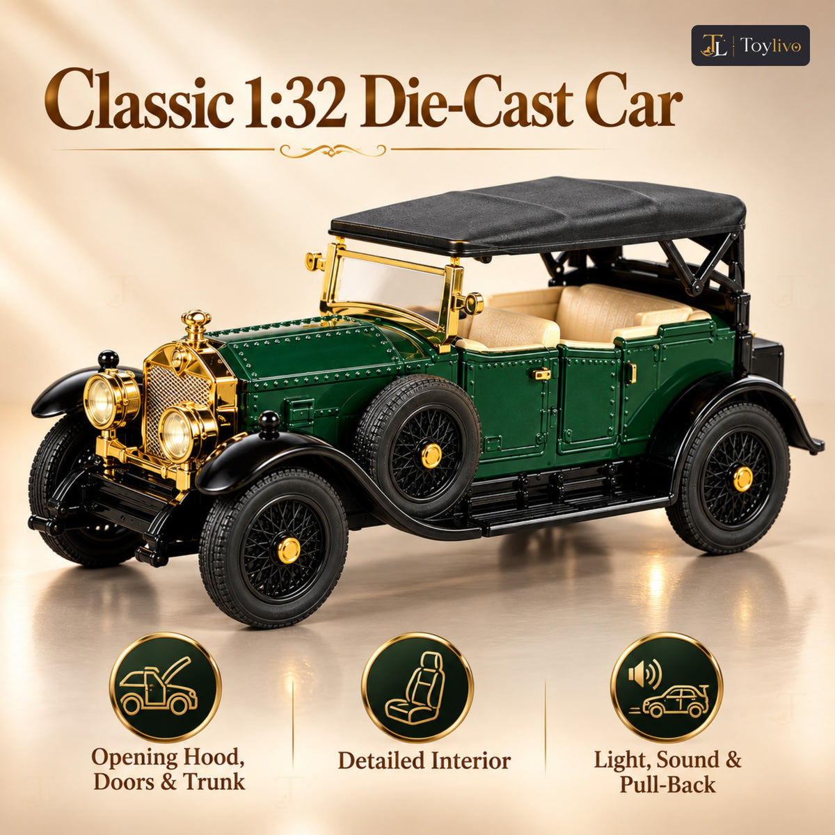 1:32 die-cast vintage open-tourer model – green – Benefits