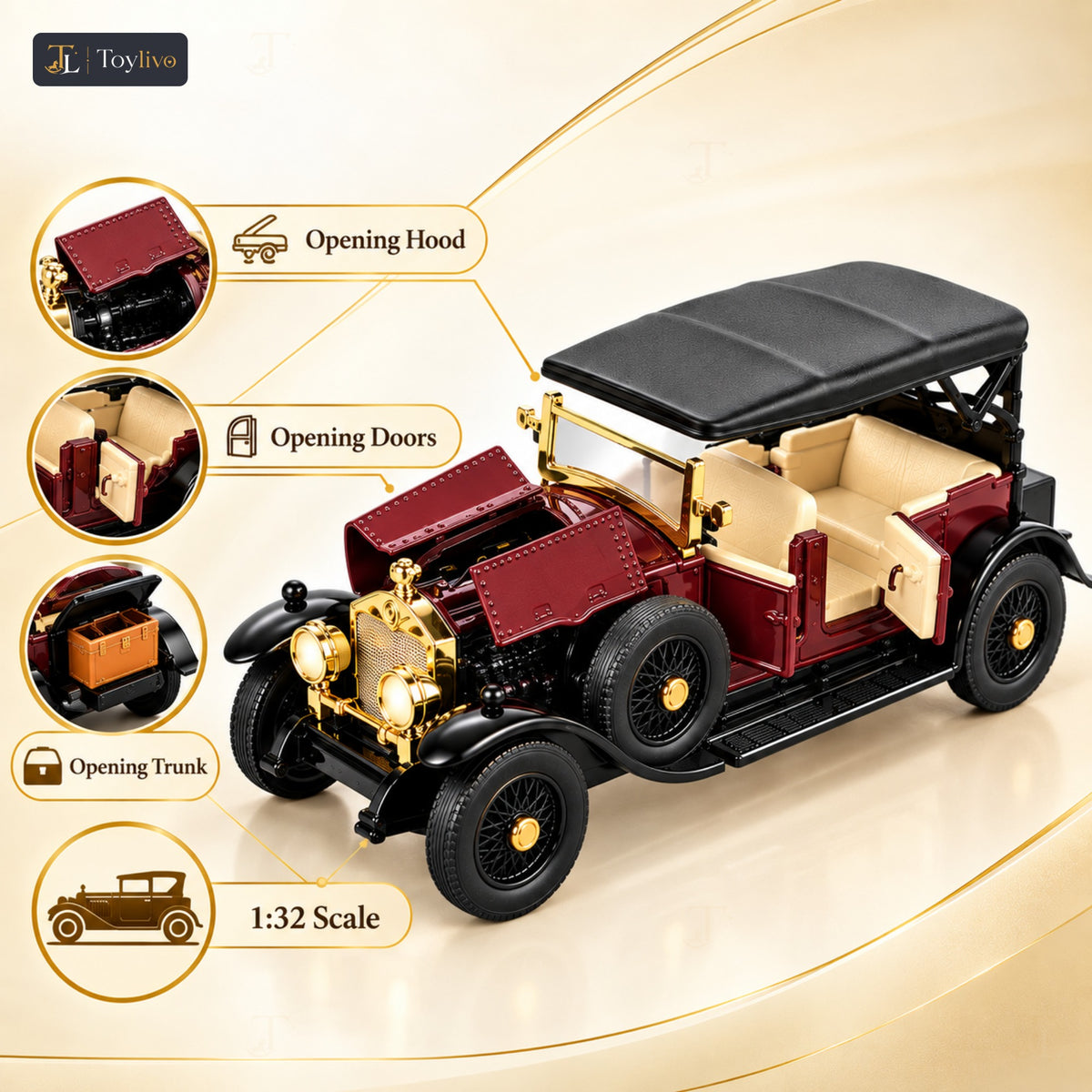 1:32 die-cast vintage open-tourer model – wine red – Key features