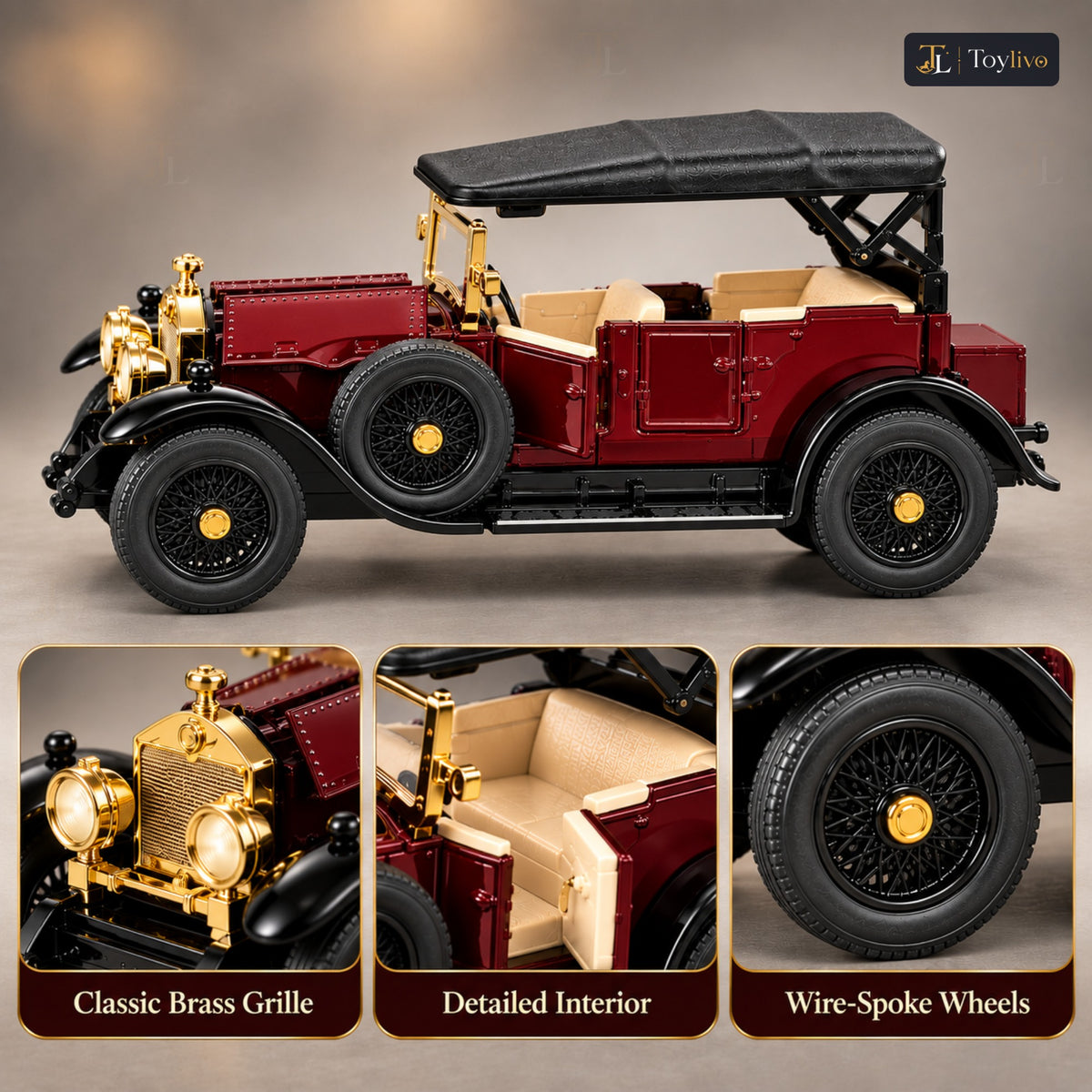 1:32 die-cast vintage open-tourer model – wine red – Details and close-ups