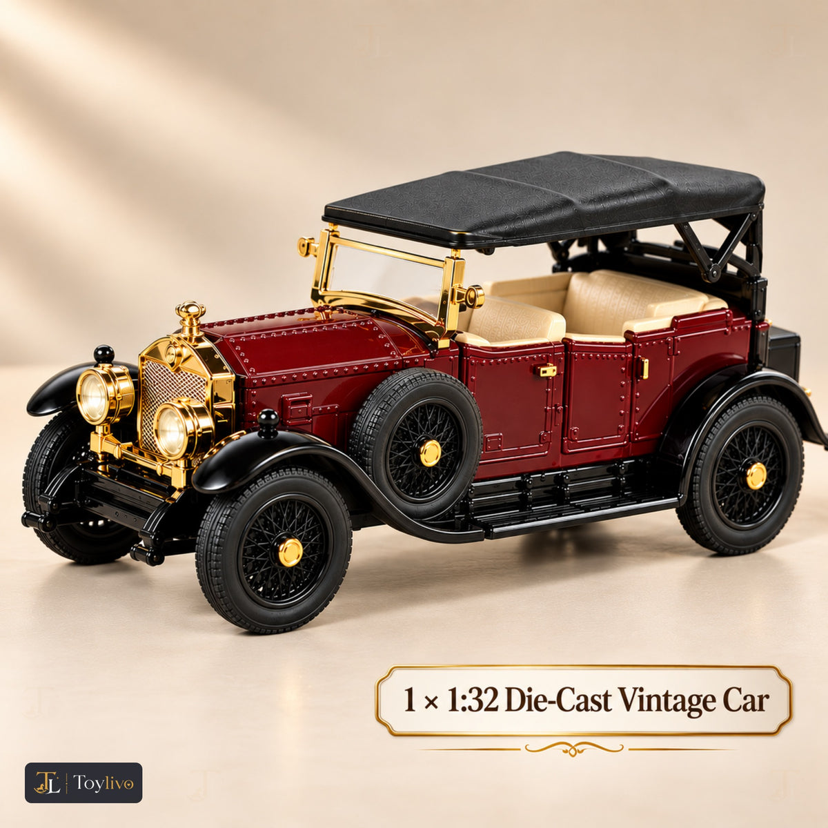 1:32 die-cast vintage open-tourer model – wine red – Size / what is included