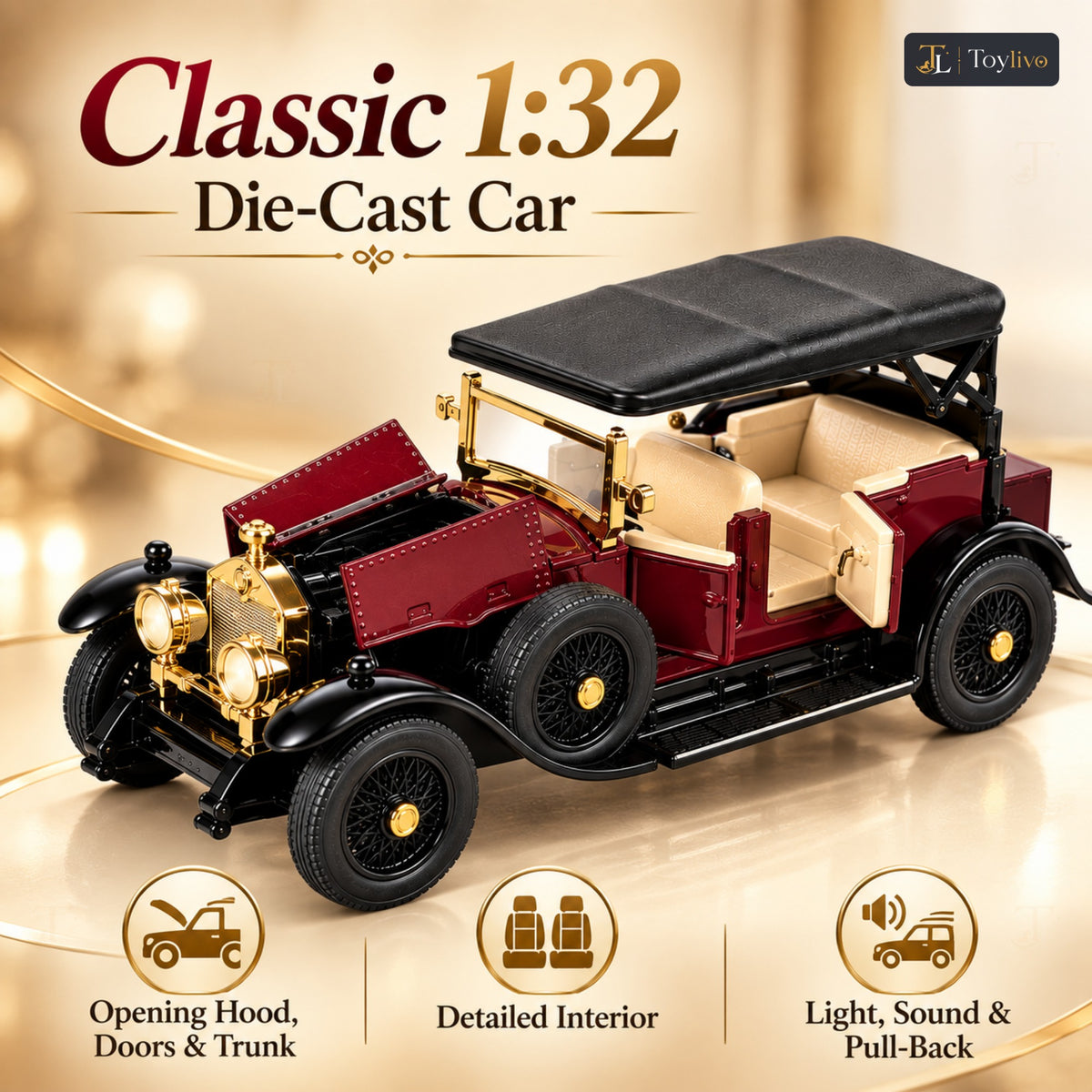 1:32 die-cast vintage open-tourer model – wine red – Benefits