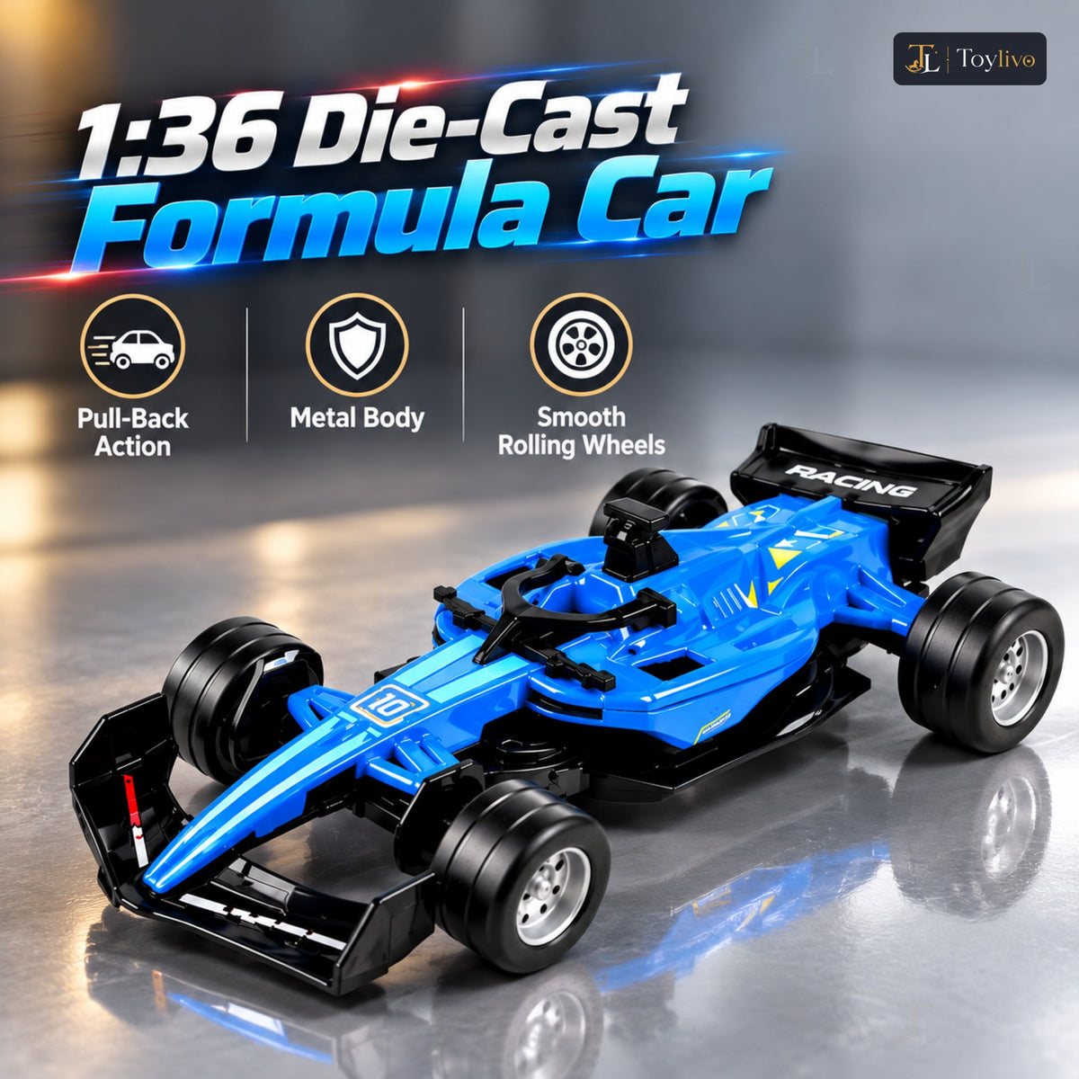 1:36 die-cast formula racing car model – blue – Benefits