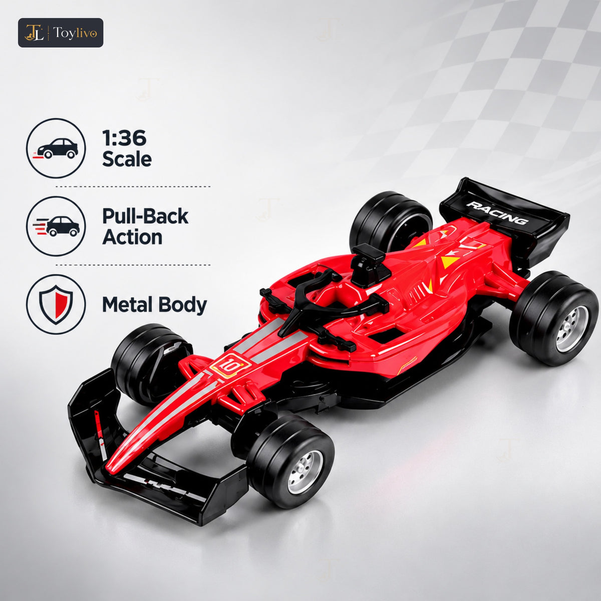 1:36 die-cast formula racing car model – red – Key features